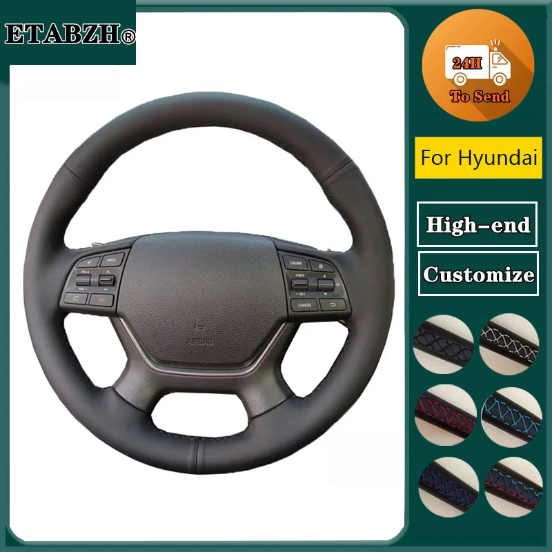 

Hand Sewing Car Steering-Wheel Cover Volant Black Beige Dark Gray Leather Wrap For Hyundai Genesis 2015 2016 Braid On Steering