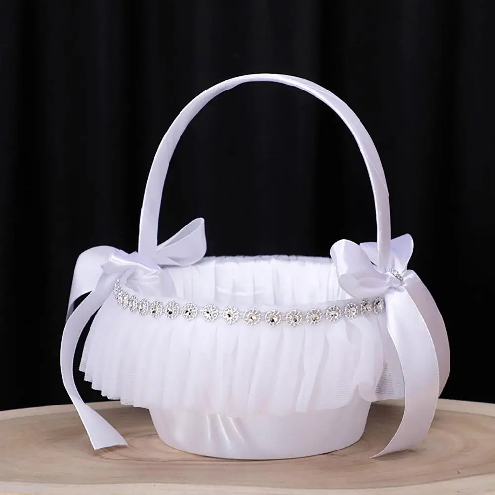 Innovative Nice-looking Exquisite Workmanship Hand Flower Basket White Wedding Party Flower Girl Basket with Lace Decor