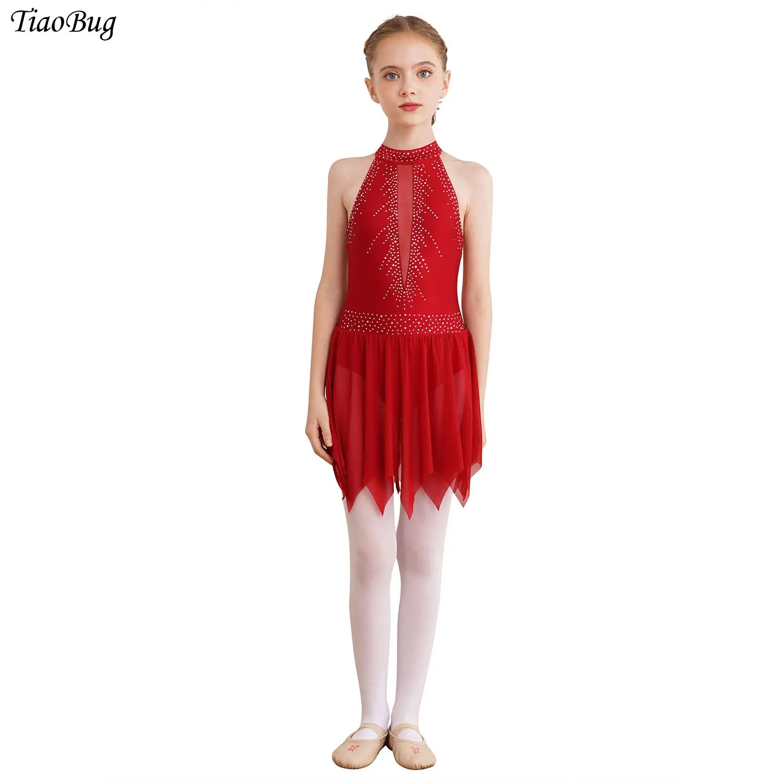 

Kids Girls Figure Ice Skating Leotard Dress Sleeveless Asymmetrical Mesh Skirt Shiny Rhinestone Party Dresses Lyrical Dancewear