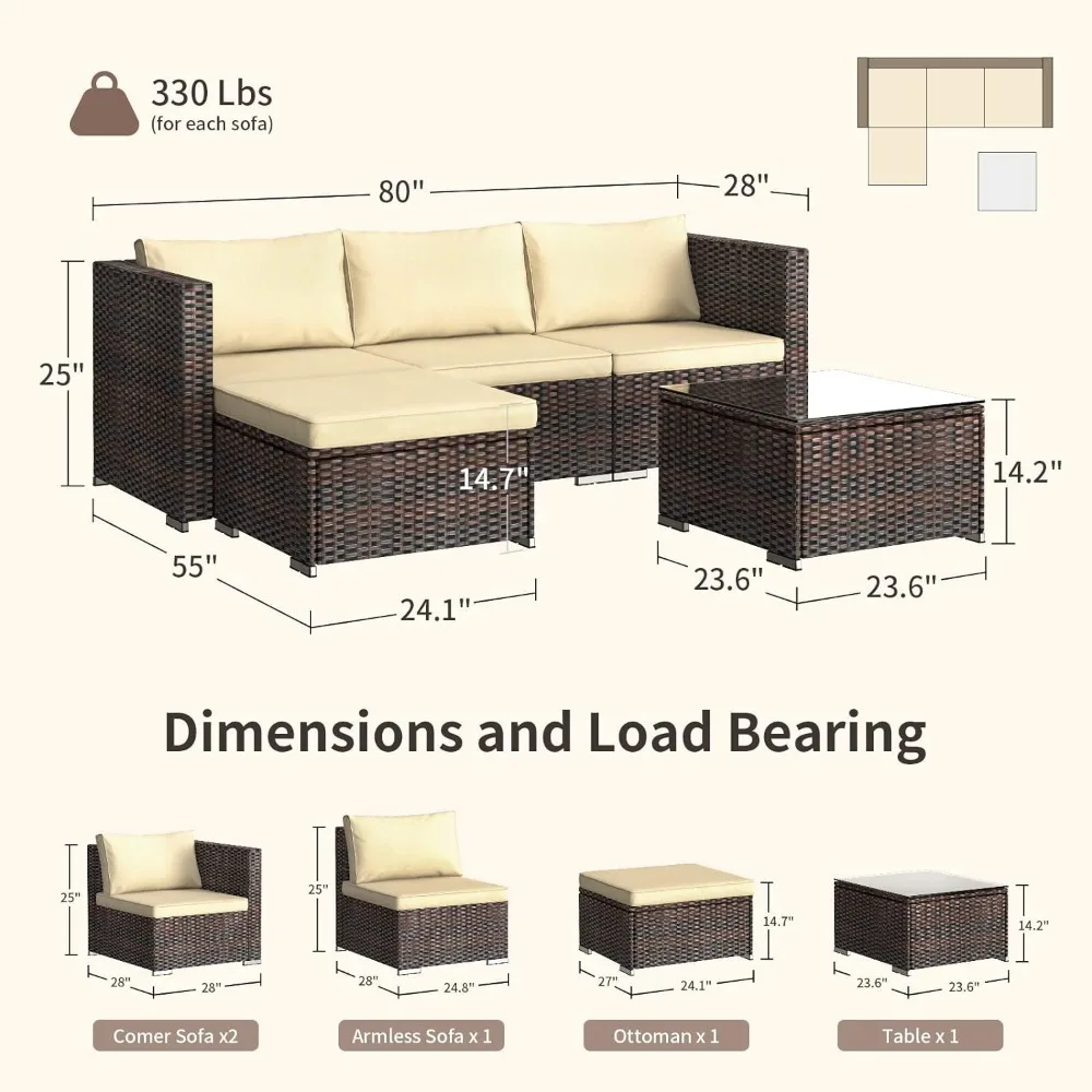 5-Piece Patio Furniture Set Outdoor Couch with Glass Coffee Table and Two Pillows, Outdoor Sectional Conversation Set (Brown