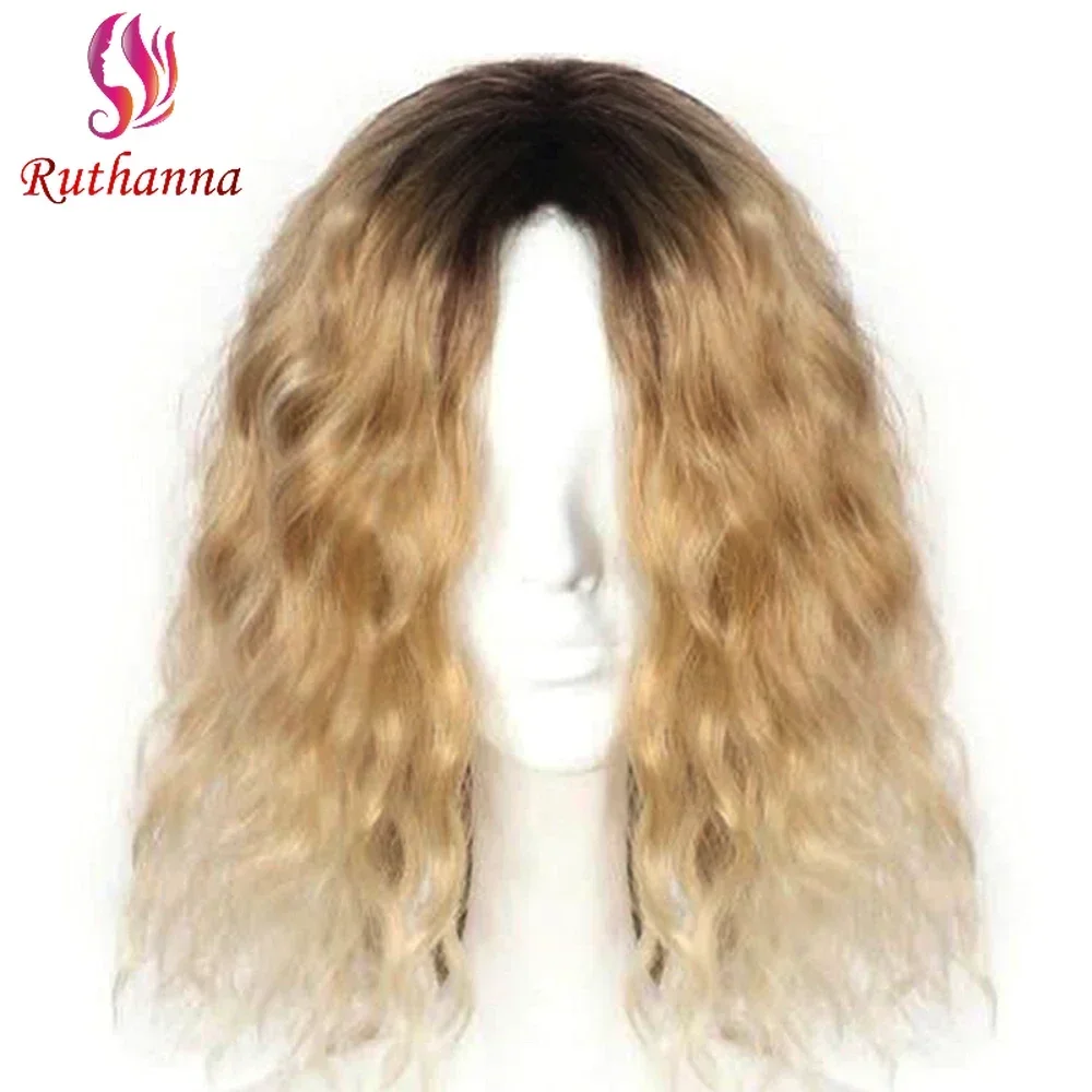 Ombre Blonde Water Wave Wool Roll Synthetic Short Curly Wig For Women 18 Inch Bob Golden Middle Part Heat Resistant Fiber Wig