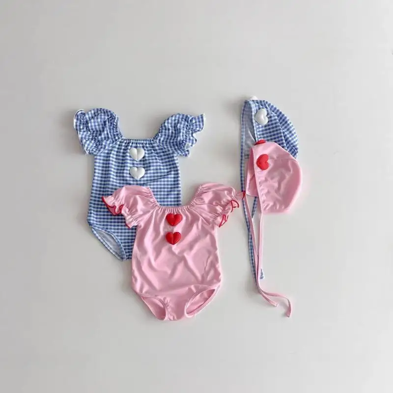 2026 New Girls Cute Heart Puff Sleeve One Piece Swimsuit Newborn Baby Bathing Suit + Hat Infant Toddler Plaid Swimming Suit