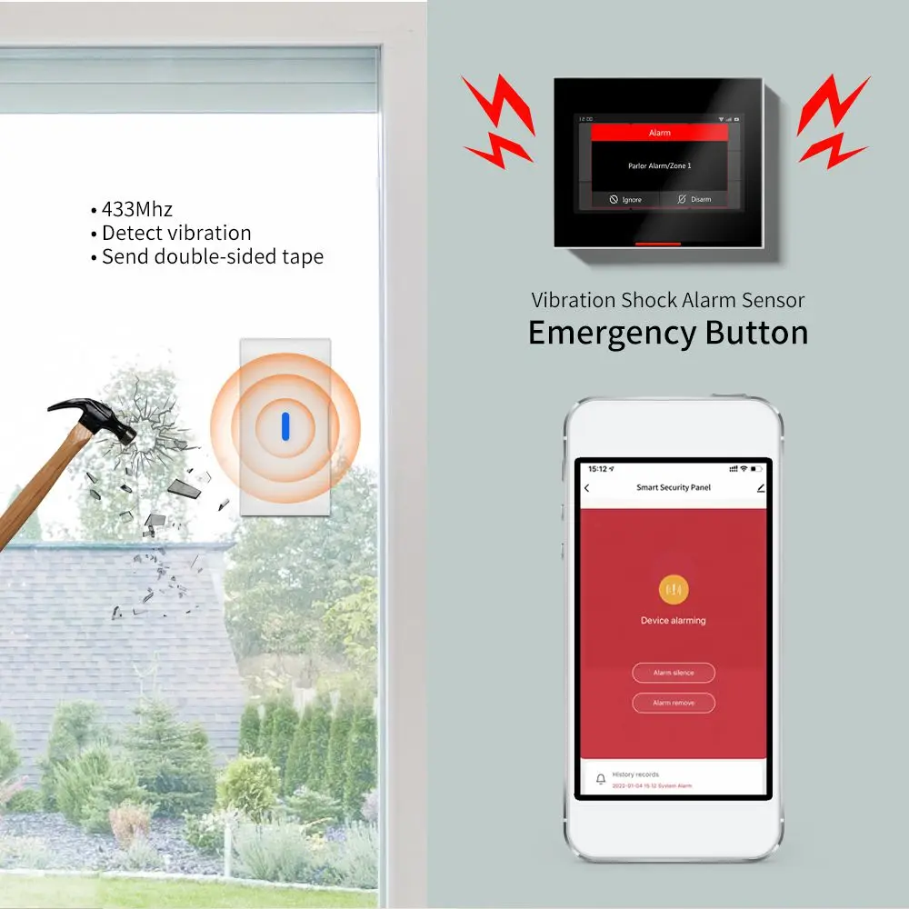 CPVAN-Sensor de vibración de ventana, accesorios de 433Mhz, Detector antirrobo de rotura de vidrio para protección de seguridad del hogar