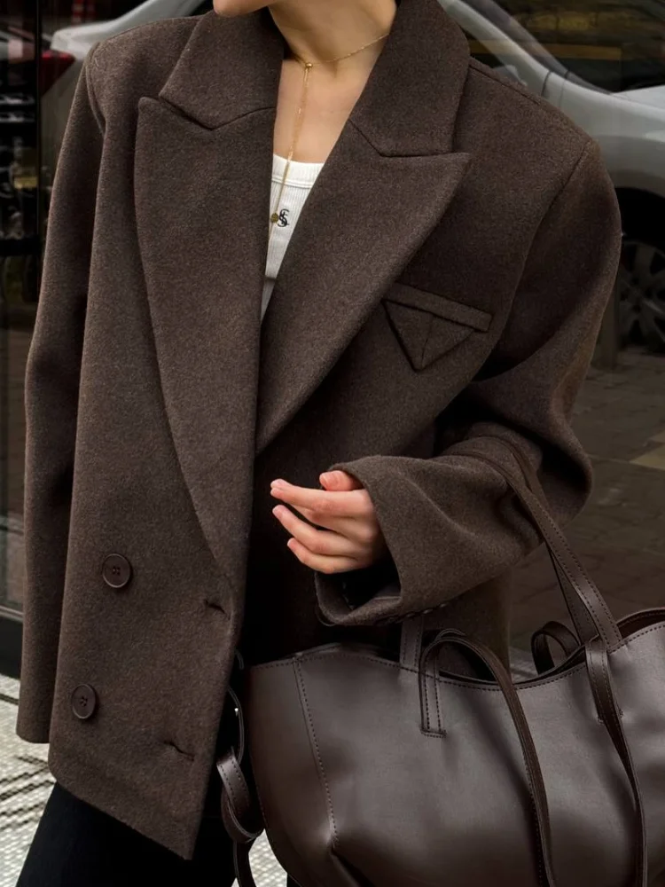 

Coffce Double Sided Woolen Suit Jacket Women Casual Solid Long Sleeve Loose Cropped Coats New Autumn Lady High Street Outwear
