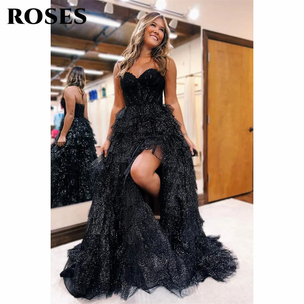 ROSES Black Prom Dress Princess Sweetheart Glitte A-Line Evening Dress Detachable Sleeves Party Dress With Appliques Lace 프롬드레스