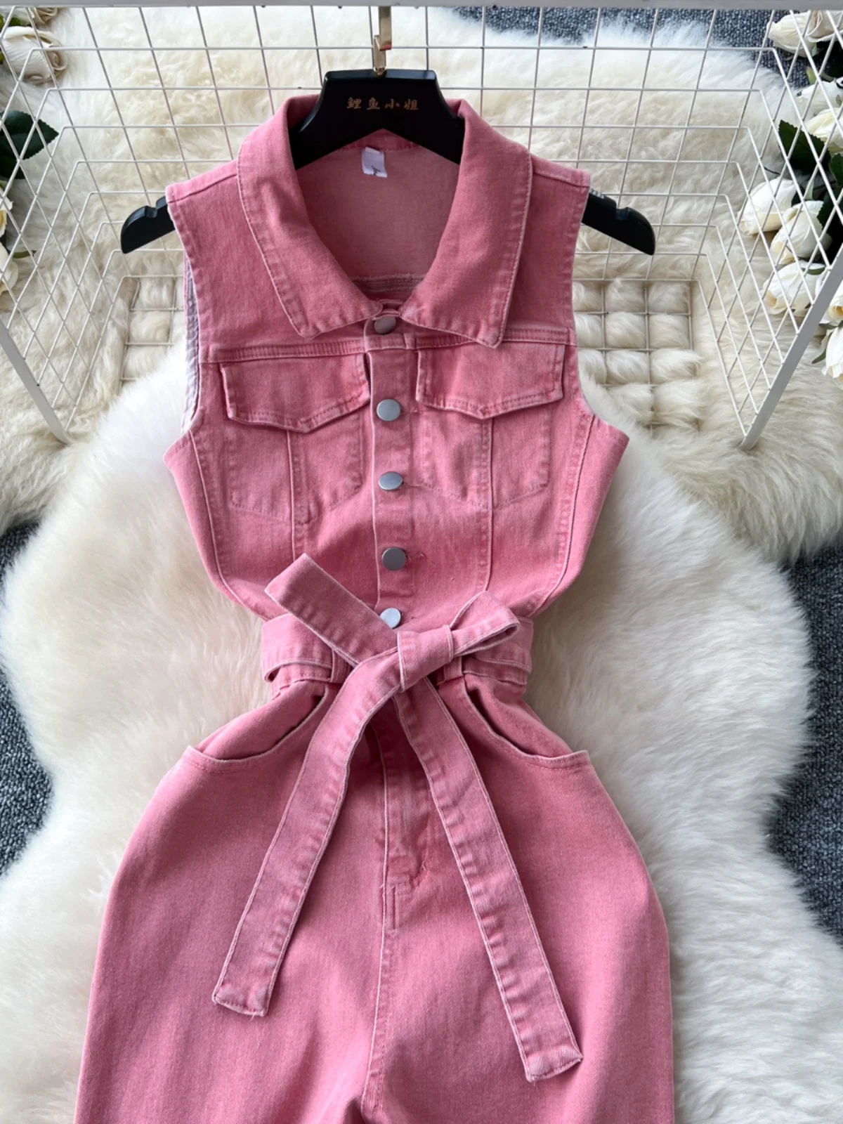 Hong Kong Style Retro Chic Design Sense Belted Waist Slim Fit Collar Metal Buckle Denim Overalls High Waist Straight Leg Trou...