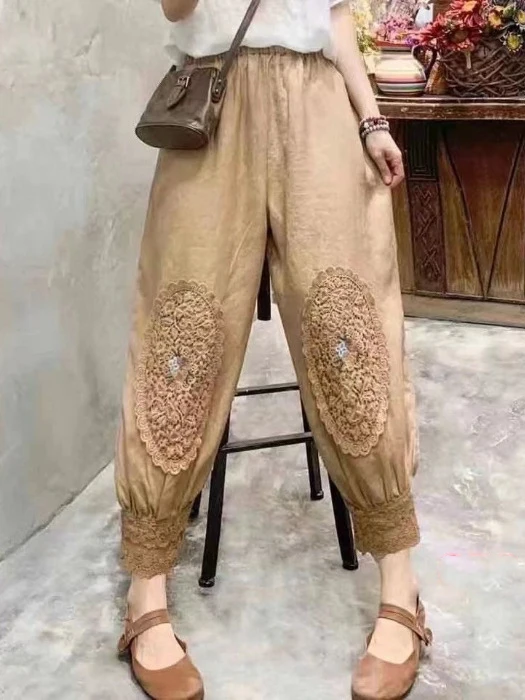 Pantalones bombachos holgados de lino y algodón para mujer, bombachos de talla grande con encaje bordado, Otoño, 2024