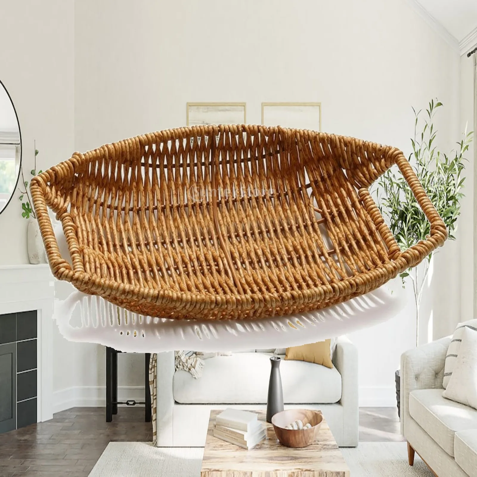 Oval Basket Tray Wicker Tray with Raised Rim Basket with Handles Decorative Rustic for Kitchen, Tabletop