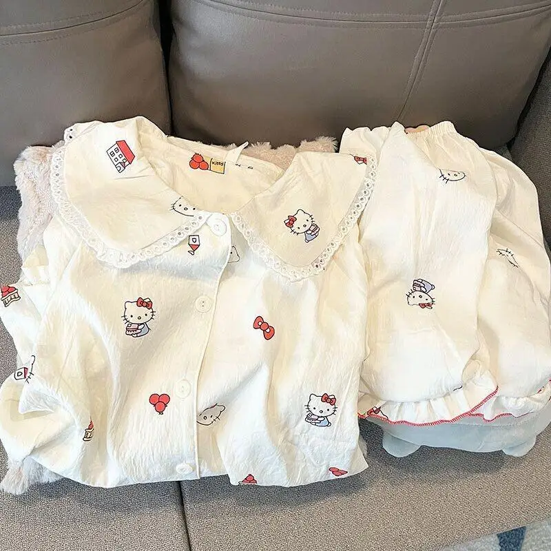 

Женский пижамный комплект Sanrio Hello Kitty, шорты с короткими рукавами, белая кружевная студенческая домашняя одежда, милый летний комплект для отдыха на открытом воздухе, комплект летней ночной одежды Kawaii