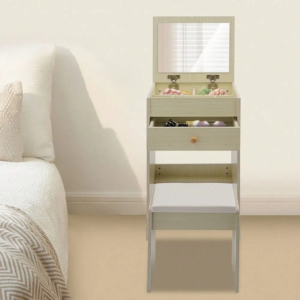 

Table With Mirror, Compact Makeup Vanity With Storage Compartments And Stool, Dressing Table For Bedroom