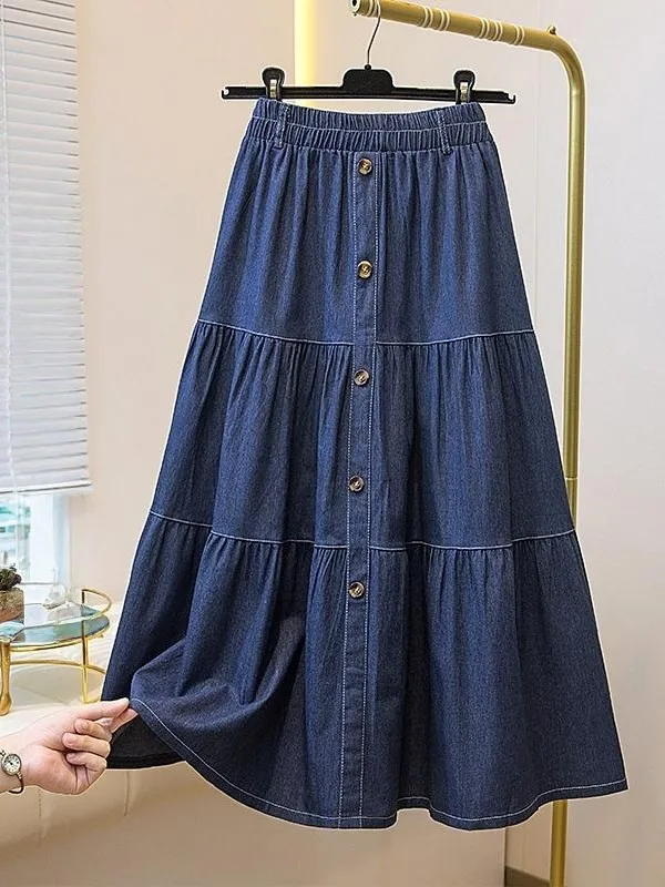 

Blue Denim A-Line Midi Skirt Women's plus Size Spring High Waist Elastic Design Slimming Skirts Casual Korean Sle