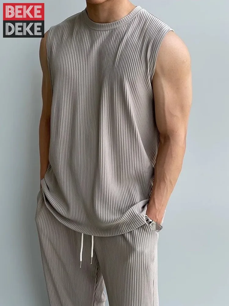 

Mens Summer O-Neck Fashion Pullover Tank Top Loose Fit Drawstring Straight Pants Two Piece Set Solid Color Mens Casual Tracksuit