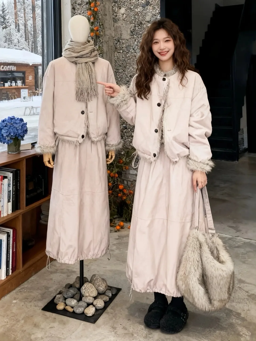 

plus Size Winter Faion Set with Fce Lined Cotton Jaet And Skirt for Women High Waist And Casual Sle Thermal Wear