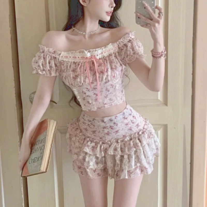 Summer Sweet Print Slim Lace 2 Piece Set Women Fashion Off Shoulder Short Sleeve Dress Female Elegant Skinny A Line Dresses New