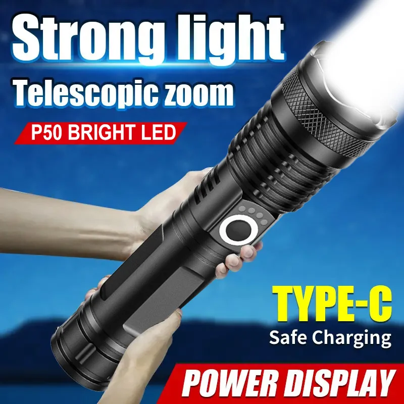 Potente linterna LED P50: linterna ultrabrillante portátil recargable de mano para trabajo de acampada al aire libre y uso de emergencia