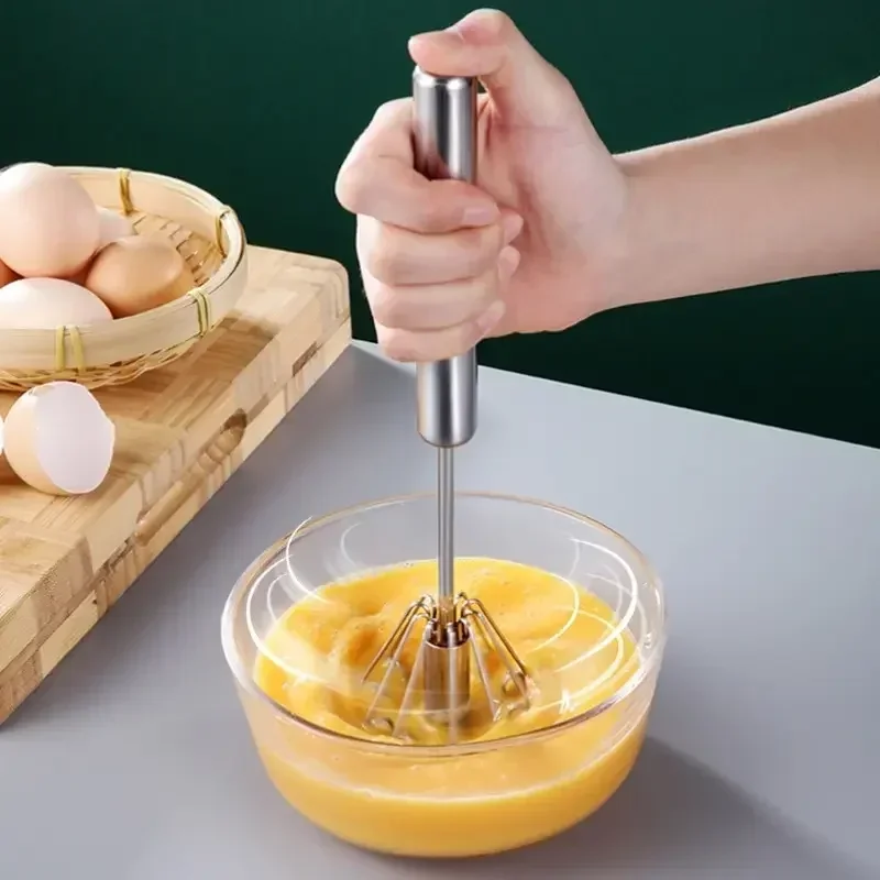 Batidor de cocina de acero inoxidable, batidor de huevos semiautomático a presión manual, mezclador de crema giratorio automático, accesorios para