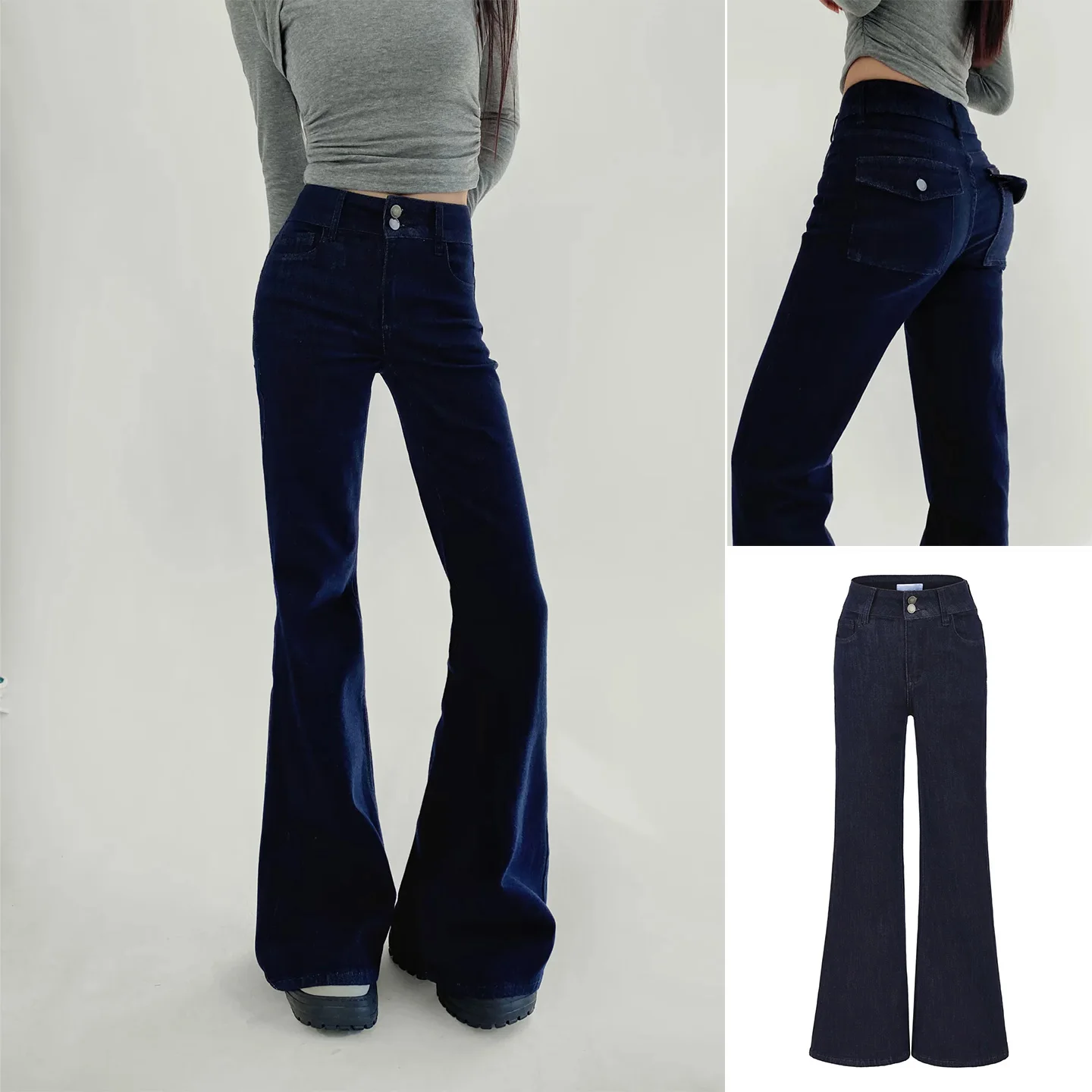 

Women's Slim Fit High Waist Denim Capri Pants Micro Flared Bootcut Sle New Arrival Autumn Season Polyester Fiber Button Clo...