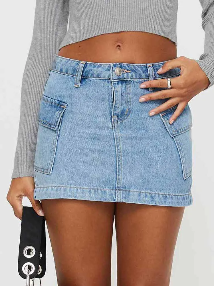 

BKQU Винтажные джинсовые юбки-карго женские карманы сексуальная тонкая мини-юбка с высокой талией и запахом бедра 2025 летняя шикарная короткая джинсовая юбка Y2k