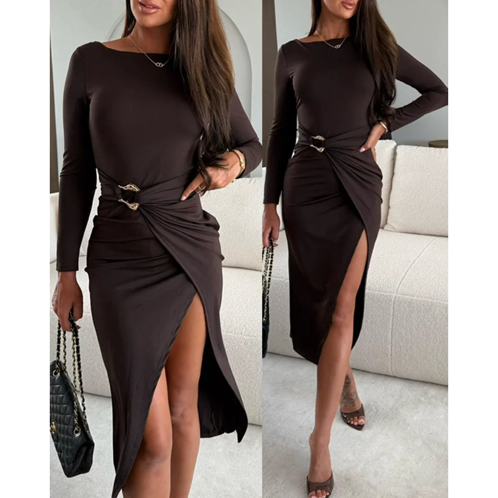

Women Solid Color Long Sleeve Ruched Waist Metal Button Decor Bodycon Dress Casual Slit Slim Fit Midi Dress for Autumn Fashion