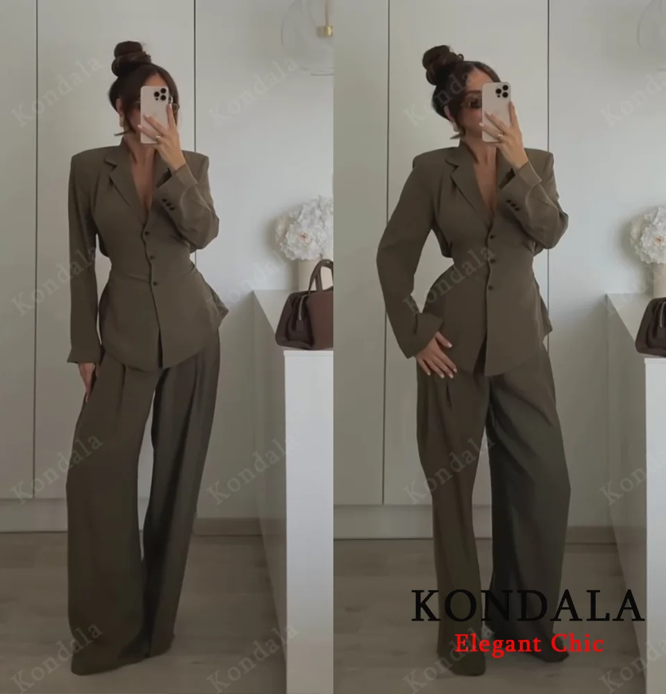 KONDALA Women Vintage Set Belt Button Blazer Pocket Long Pants New 2025 Spring Autumn Fashion Office Lady Casual Mujer Pants Set