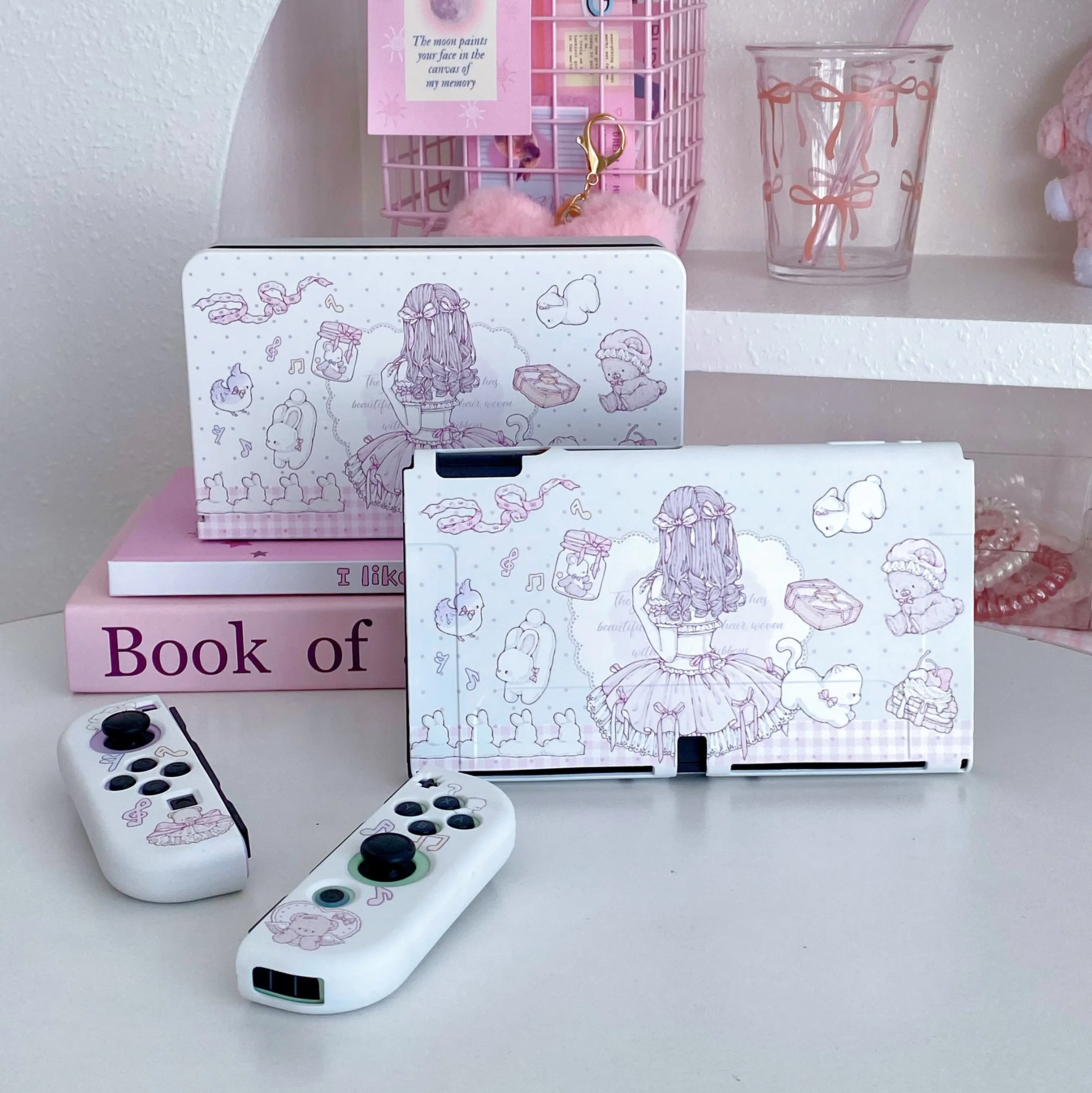 حافظة لجهاز نينتندو سويتش Oled Funda غطاء حماية قابل للإرساء Kawaii Anime Girl مع ملحقات Switch من مادة البولي يوريثان JoyCon