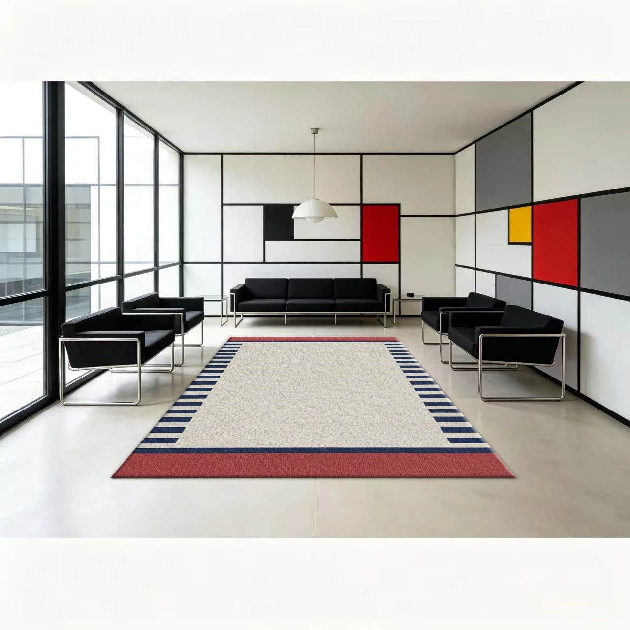 Red Navy Simple Striped Border Carpet Flooring, Modern Minimalist Non-Slip Area Rug for Entryway Bedroom Home Floor Mat