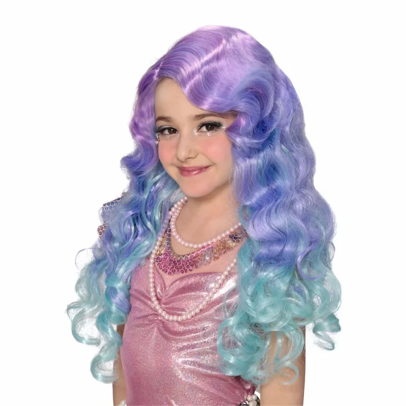 Peruca de cabelo longo multi cor sereia para meninas, azul, roxo, vestir, fantasia de Halloween, rosa, crianças