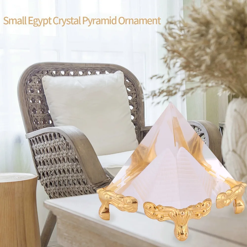 Gold Stand Crystal Pyramid Ornament Egyptian Glass Crystal Feng Shui Crafts Prism Pyramid Paperweight Office Decor