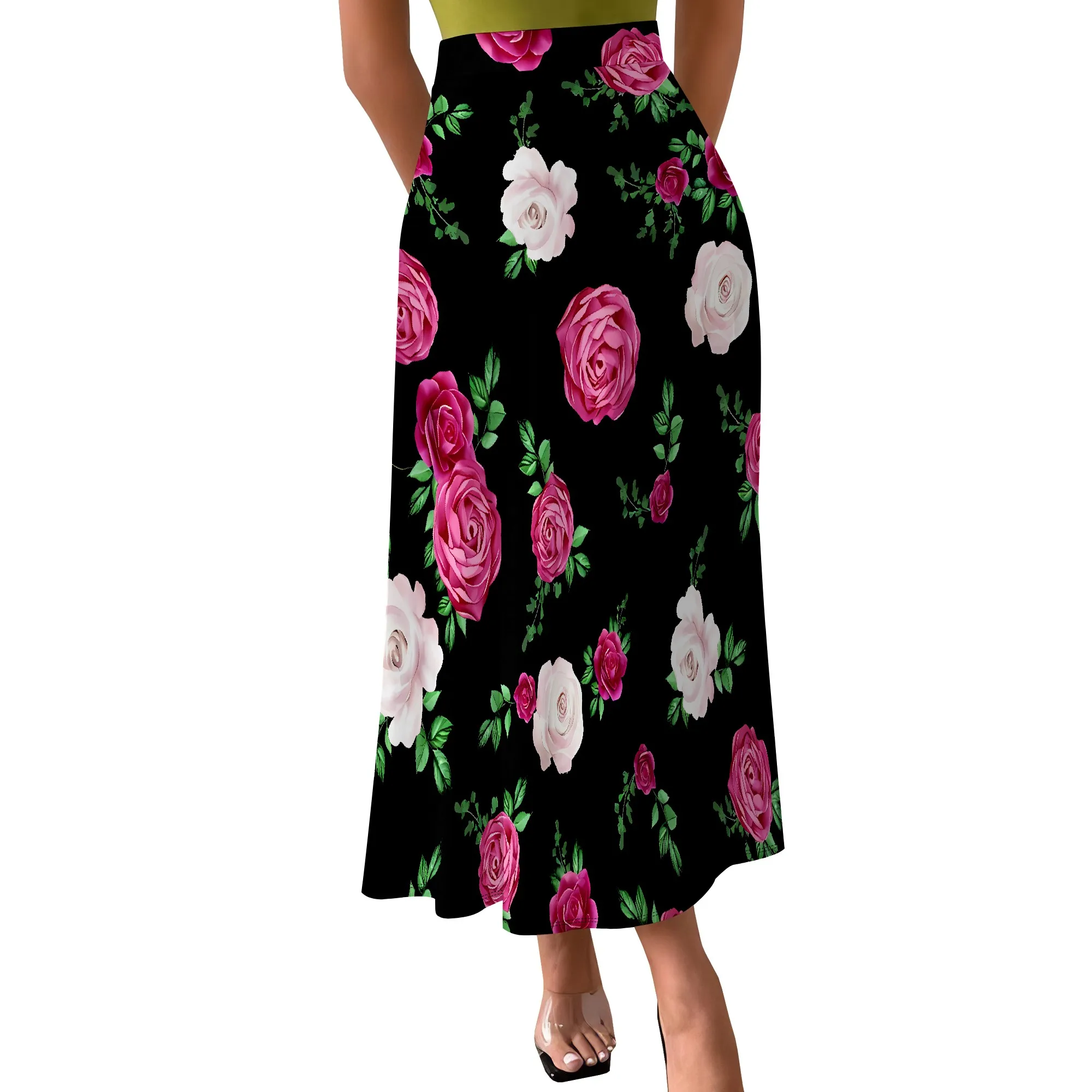 Spódnica Nupusa z nadrukiem róż dla kobiet, rozmiar regularny, letnia, codzienna spódnica midi z wysokim stanem