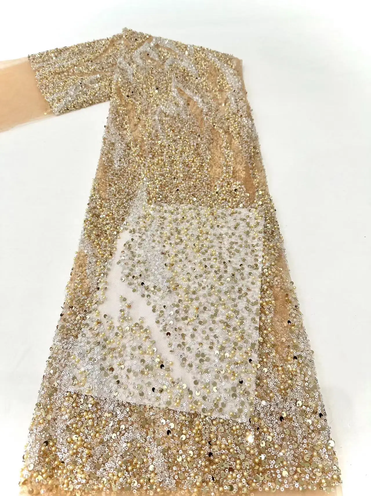 

New lace mesh beads embroidery fabric, fine sequins bead tube lace wedding party dresses dress sewing fabrics