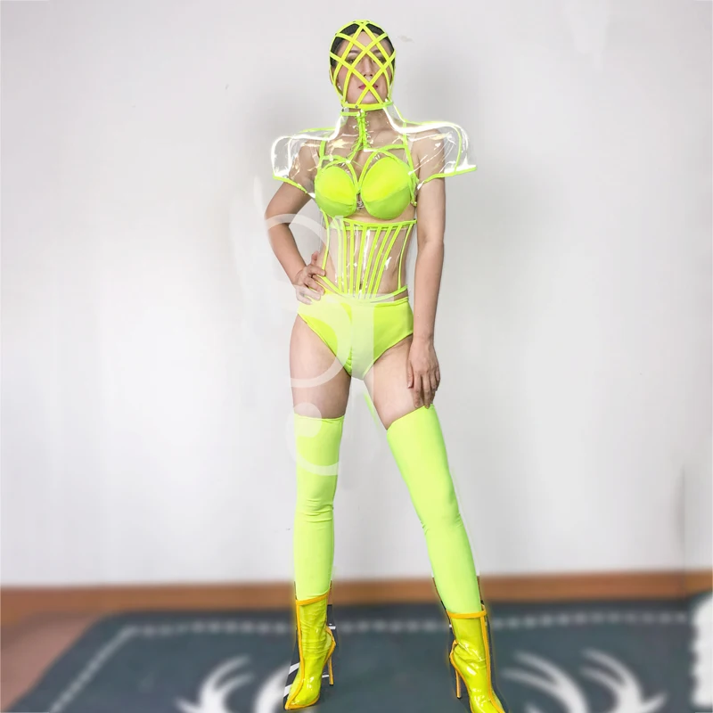 

Fluorescent Yellow Bikini Bodysuit Sexy Gogo Dancer Costume Nightclub Bar Dj Festival Clothes Pole Dance Wear Rave Outfit XS3690