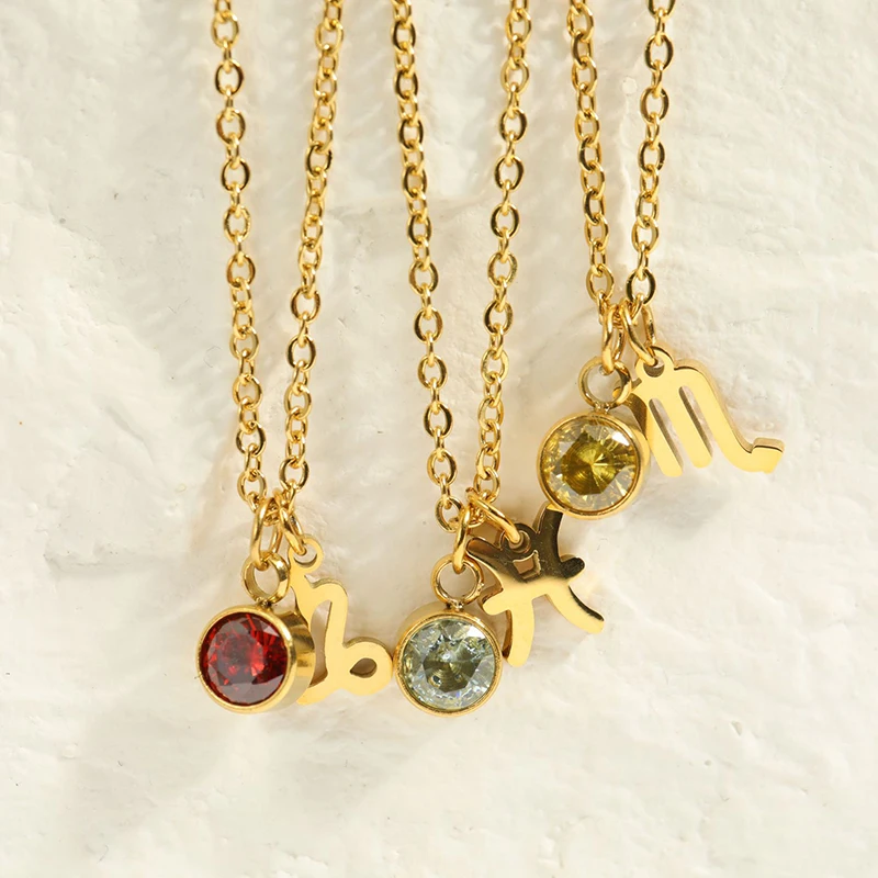 12 Zodiac Sign Birthstones Pendant Necklaces For Women 18K Gold Plated Stainless Steel Horoscope Collar Waterproof Jewelry Gift