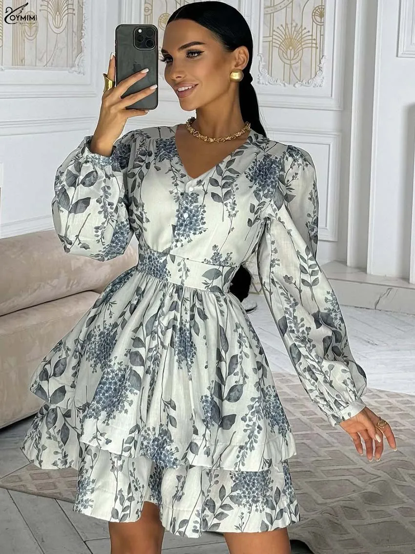 Oymimi Fashion Grey Print Women's Dress Elegant V-Neck Long Sleeve High Waist Dresses Casual Cascading New Ruffled Mini Dresses