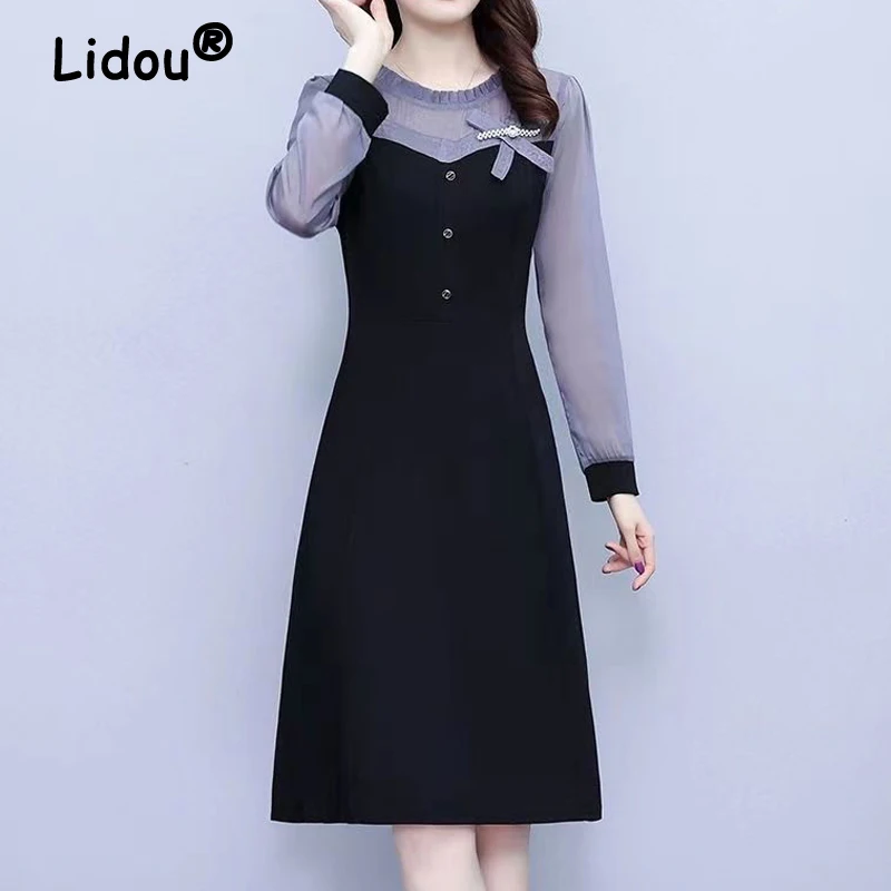 Vintage Black Patchwork Button Dress Round Neck Long Sleeve High Waist Slim Vestidos Korean Elegant Midi Dresses Women Autumn