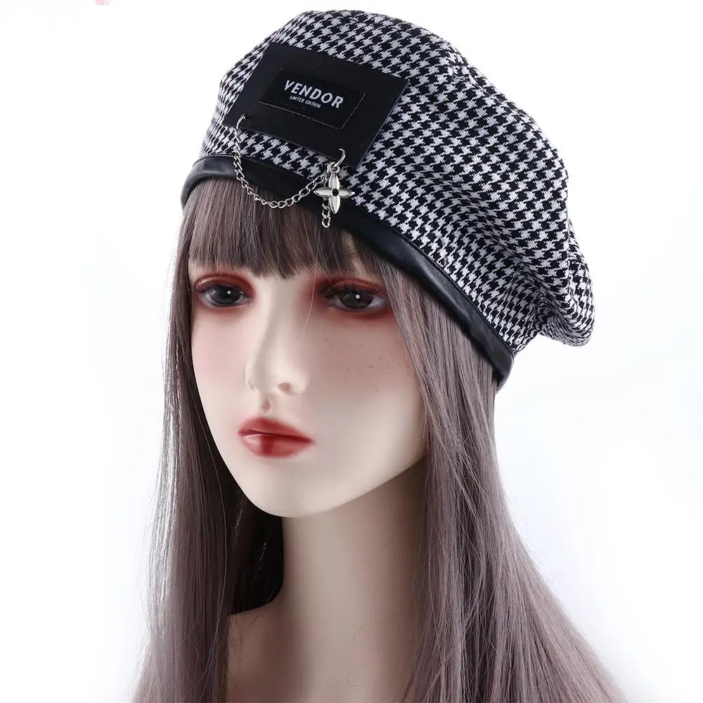 Fragrant Style Winter Leather Label Chain Plaid British Style Autumn Women Berets Korean Style Hat Houndstooth Painter Hat