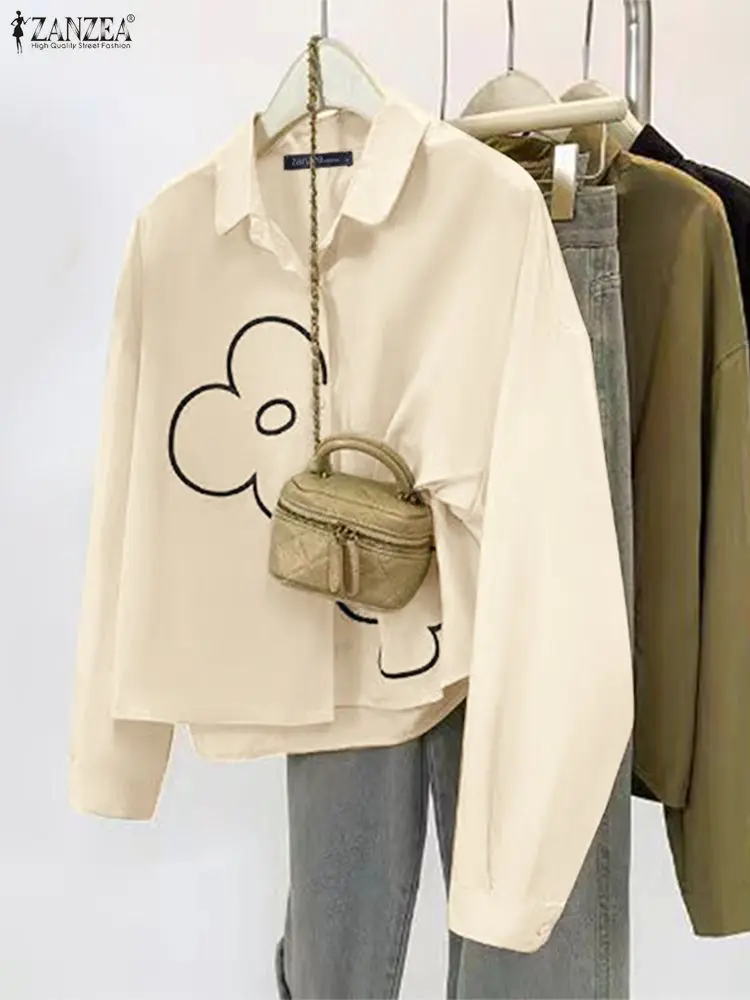 

ZANZEA Casual Loose Shirts Women Printed Tops 2025 Fashion Solid Long Sleeve Tunic Elegant Lapel Neck Office Blusas Cardigans