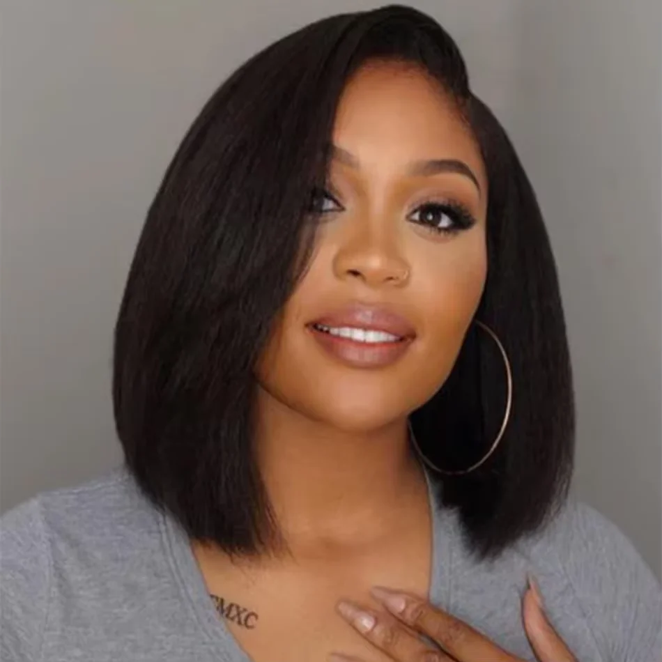 

Kinky Straight Short Bob Wig Wear And Go Pre Plucked Yaki Straight Short Bob Lace Front Wig For Woman 13x4 Glueless Wig Per Cut