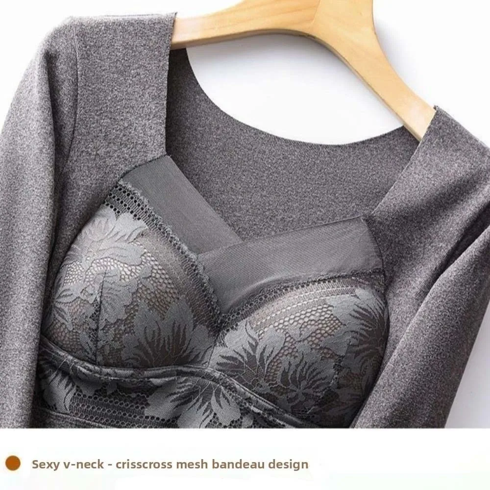 

Женская термоодежда из кружева с V-образным вырезом, осенняя одежда, термобелье, невидимое теплое белье, теплый лонгслив для осени/зимы