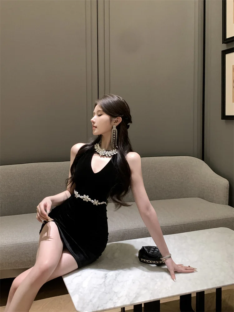 Süße Heiße Mädchen Diamant Ärmelloses Backless Wrap Hüfte Kleid frauen Frühling Reine Sexy Schlitz Dünne Kurze Samt Kleid Weibliche kleidung