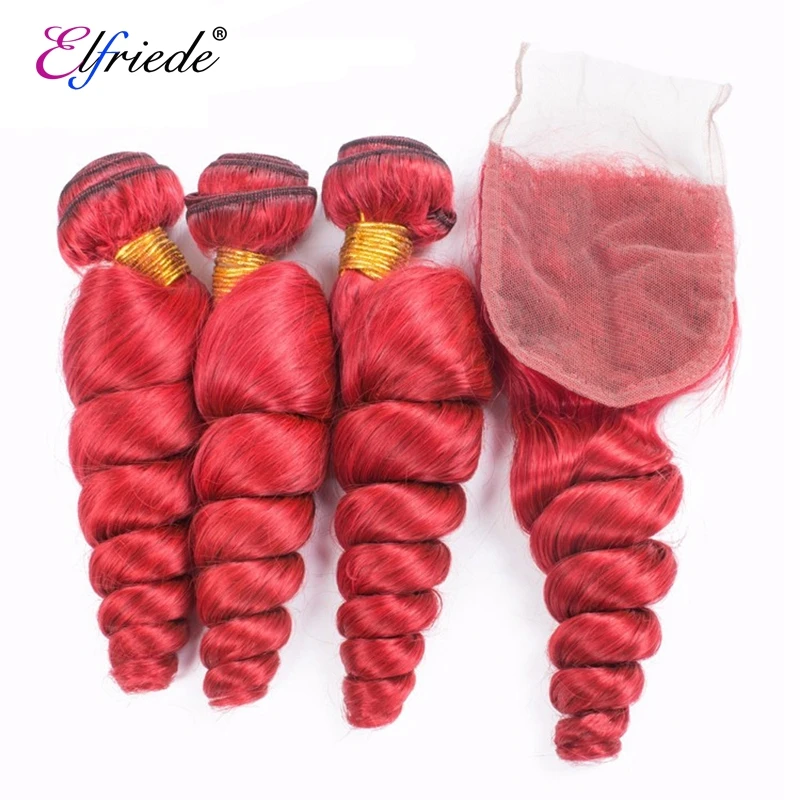 Elfriede #Red Loose Wave Hair Bundles with Closure Brazilian Remy Human Hair Weaves 3 Bundles with 4X4 Transparent Lace Closure