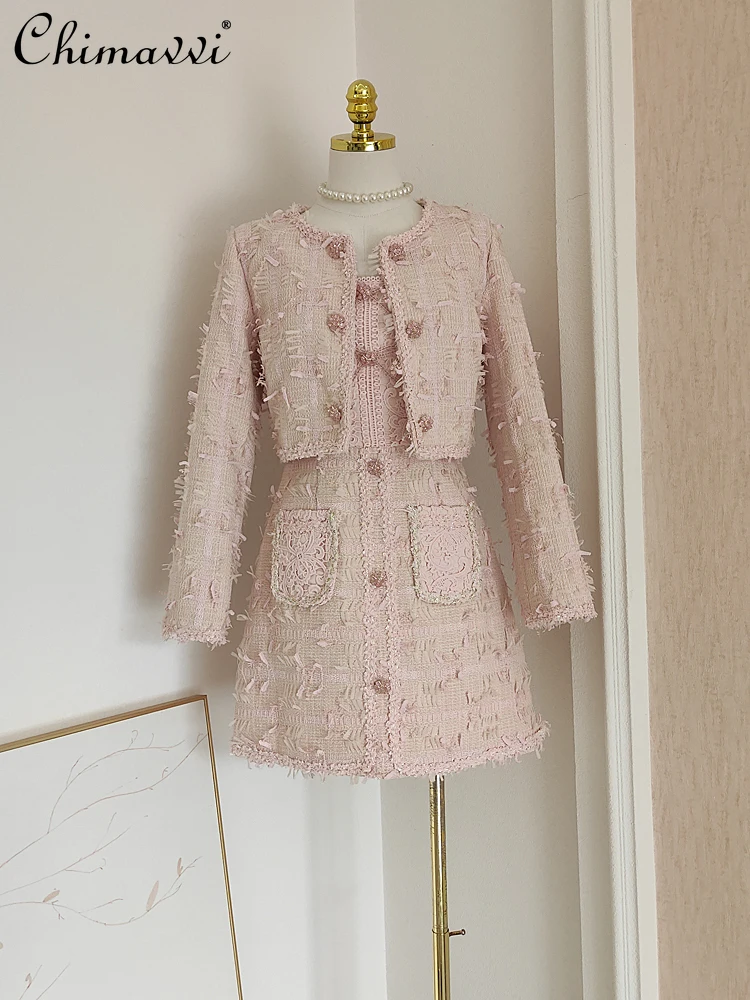 

French Elegant Socialite Embroidery Splicing Tweed Tassel Diamond Sling Dress Single-breasted Short Jacket Two-piece Sets Women