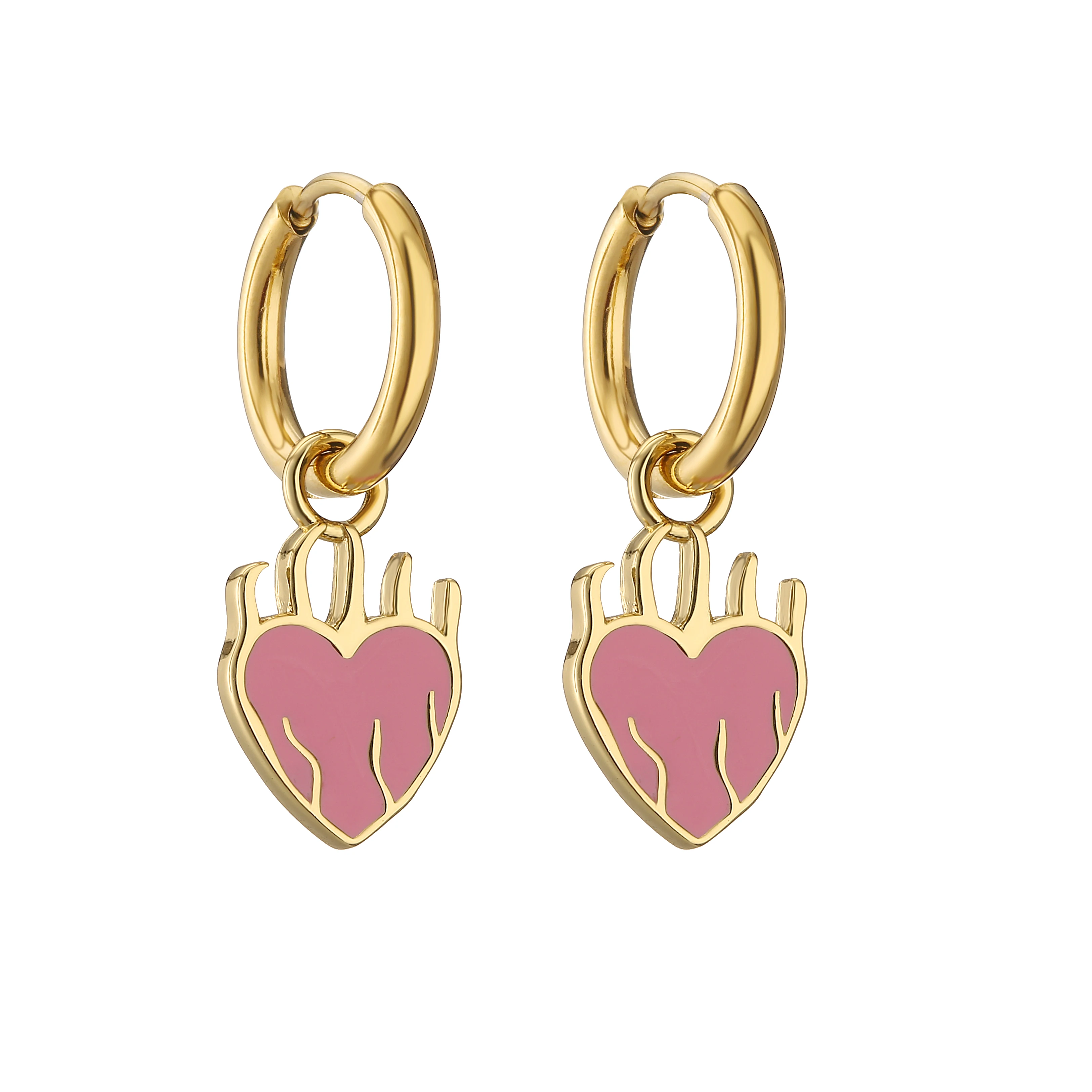 HECHENG,Stainless Steel Small Circle Huggie Hoops Hot Red Heart Pendant Charm Hoop Earrings for Women Punk Fashion Jewelry Gift