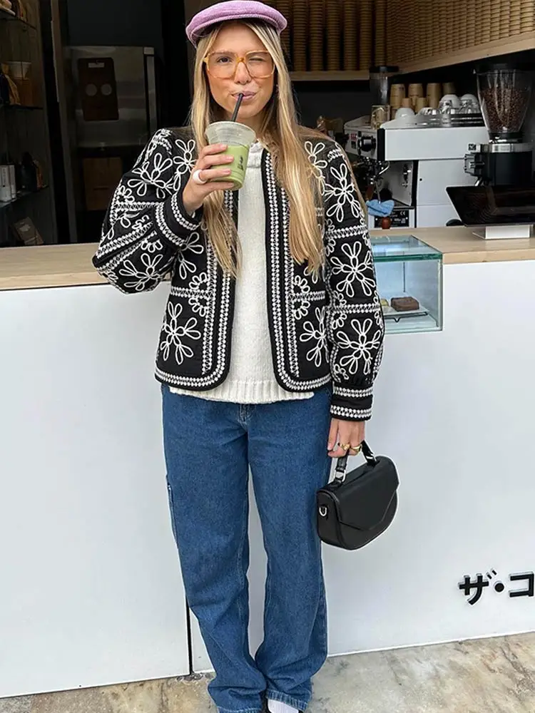 2024 Fashion Printed Women\'s O-neck Long Lantern Sleeve Cotton Coats Chic Open Stitch Loose Crop Jackets Lady Retro Streetwear