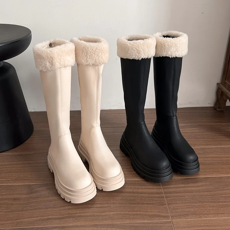 

Women's Mid-Calf Boots Thickened Warm Large Cotton Thick Sole Height Increasing Slimming Chunky Heel Fleece Lined Long Boots