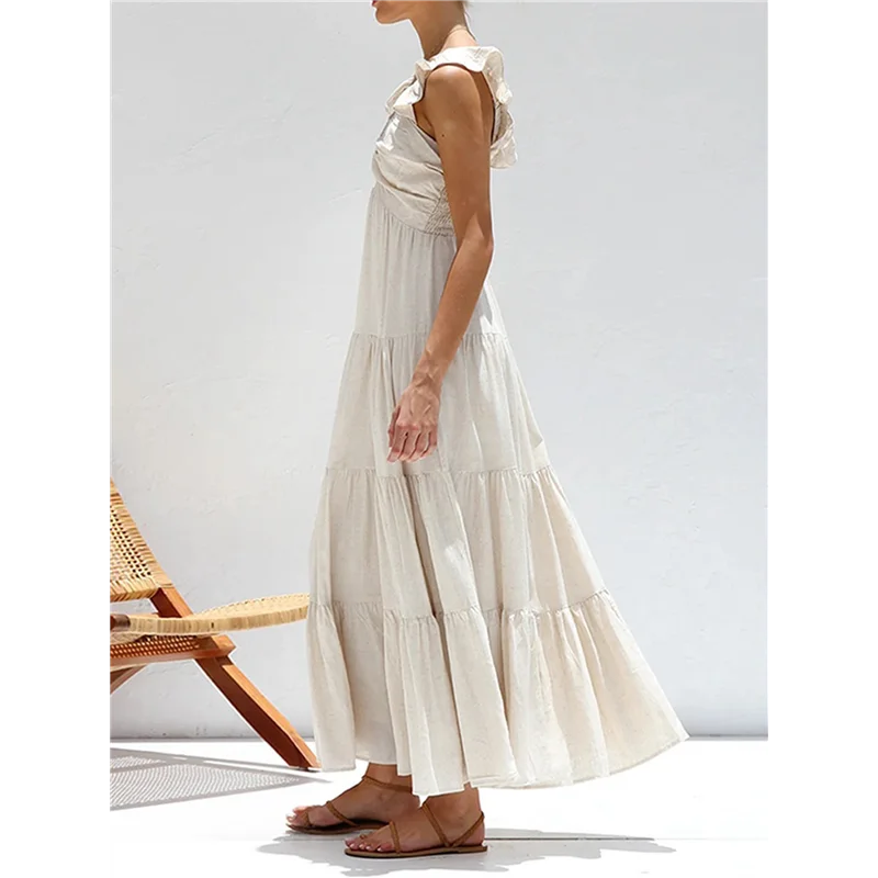 ASDS-Abito lungo fluido estivo da donna, casual, senza maniche, con scollo a V, smock, prendisole da spiaggia