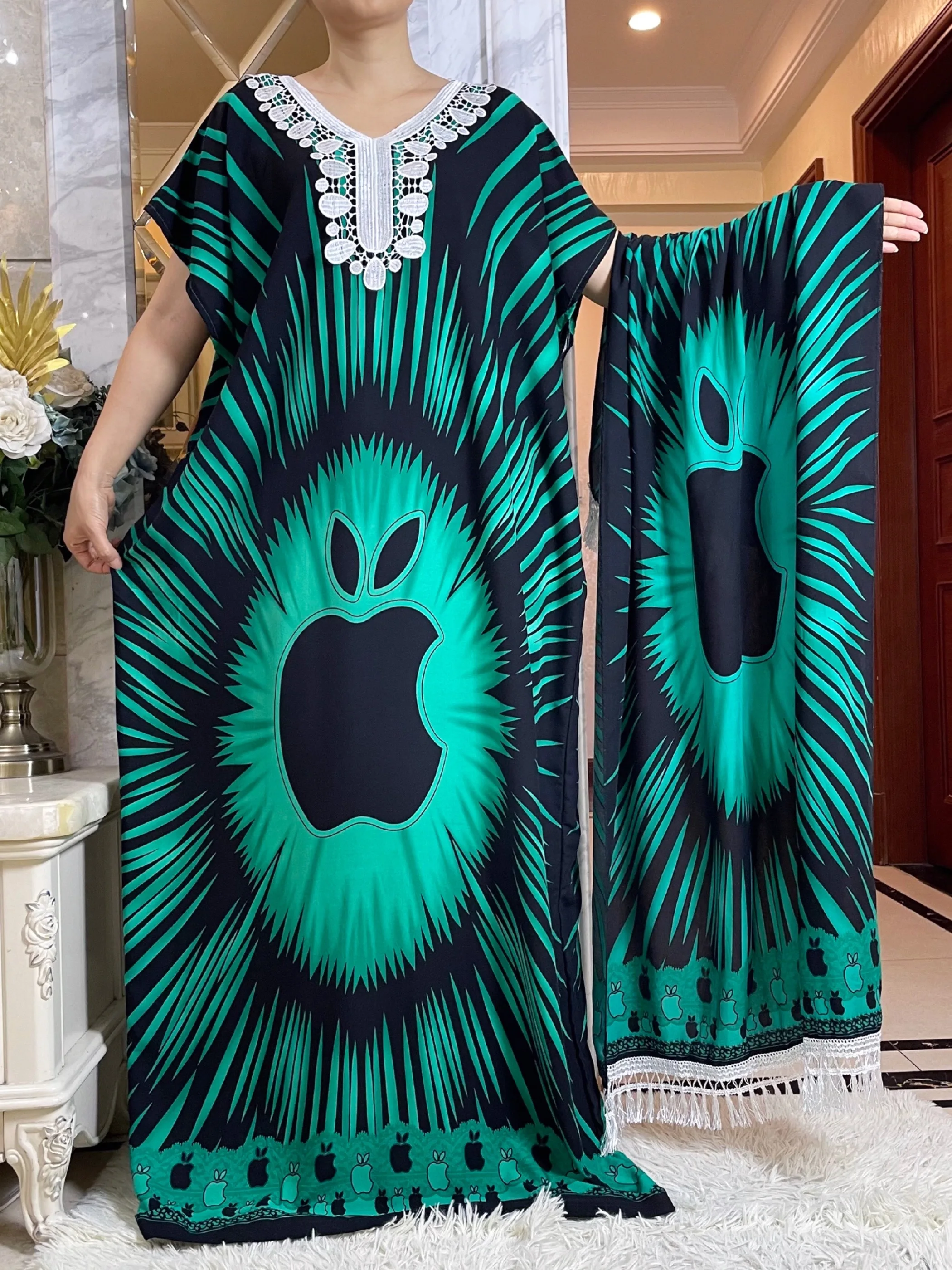 

2024 New African Summer Short Sleeve Dashiki Dress Big Scarf Floral Loose Cotton Maxi Islam Women Casual Abaya African Clothing