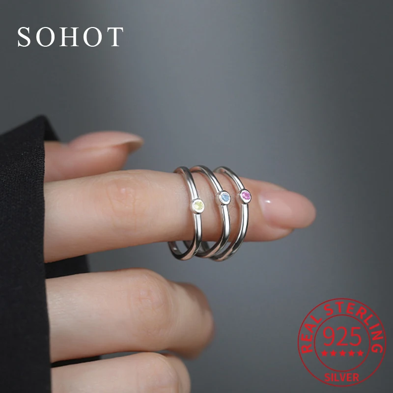 

Real 925 Sterling Silver Colorful Zircon Cute Opening Ring for Women Minimalist Geometric Fine Jewelry Personality Accessories