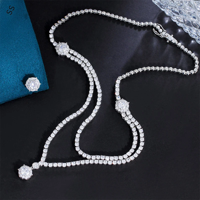 Ensemble de bijoux incrustés de diamants pour femmes, collier et boucles d'oreilles, goujons simples, accessoires blancs, mode, 2 pièces