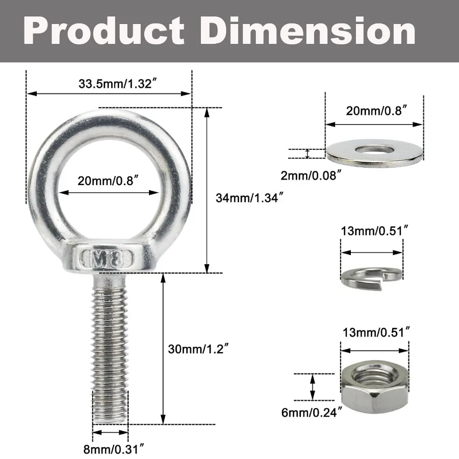 Bulloni a occhiello in acciaio inossidabile M8 con rondelle dadi Confezione da 4 M8 x 30 mm M6 M10 Bullone a occhiello per sollevamento spalla disponibile per camion oscillante pesante