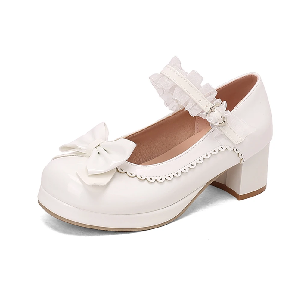 Tacones altos gruesos para mujer, vestido de punta redonda para fiesta, Mary Jane, zapato individual con lazo, zapatos de tacón informales cómodos para juegos de rol de talla grande 48 S189